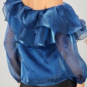 Asymmetrical neck layered ruffle trim organza top
